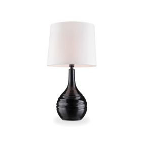 Table Lamp with Textured Ceramic Base and Drum Shaped Shade, Red (Material: Ceramic, Color: Black)