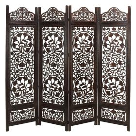 Handcrafted Wooden 4 Panel Room Divider Screen Featuring Lotus Pattern Reversible (Material: Mango Wood MDF, Color: Brown)
